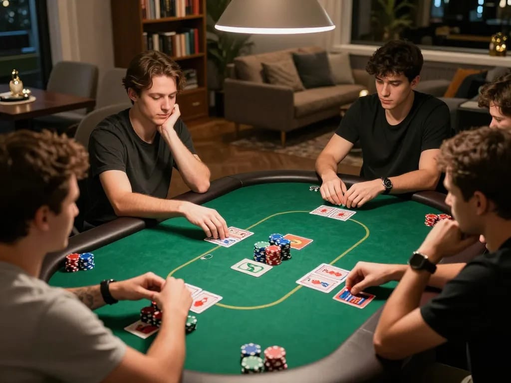 Engaged players at a home poker game strategizing for a chance to win on situs gacor.