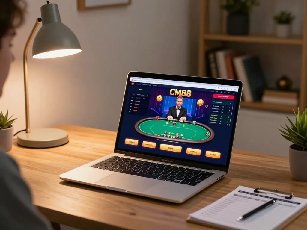 Engaging gaming scene featuring CM88 online poker interface in a cozy home office.