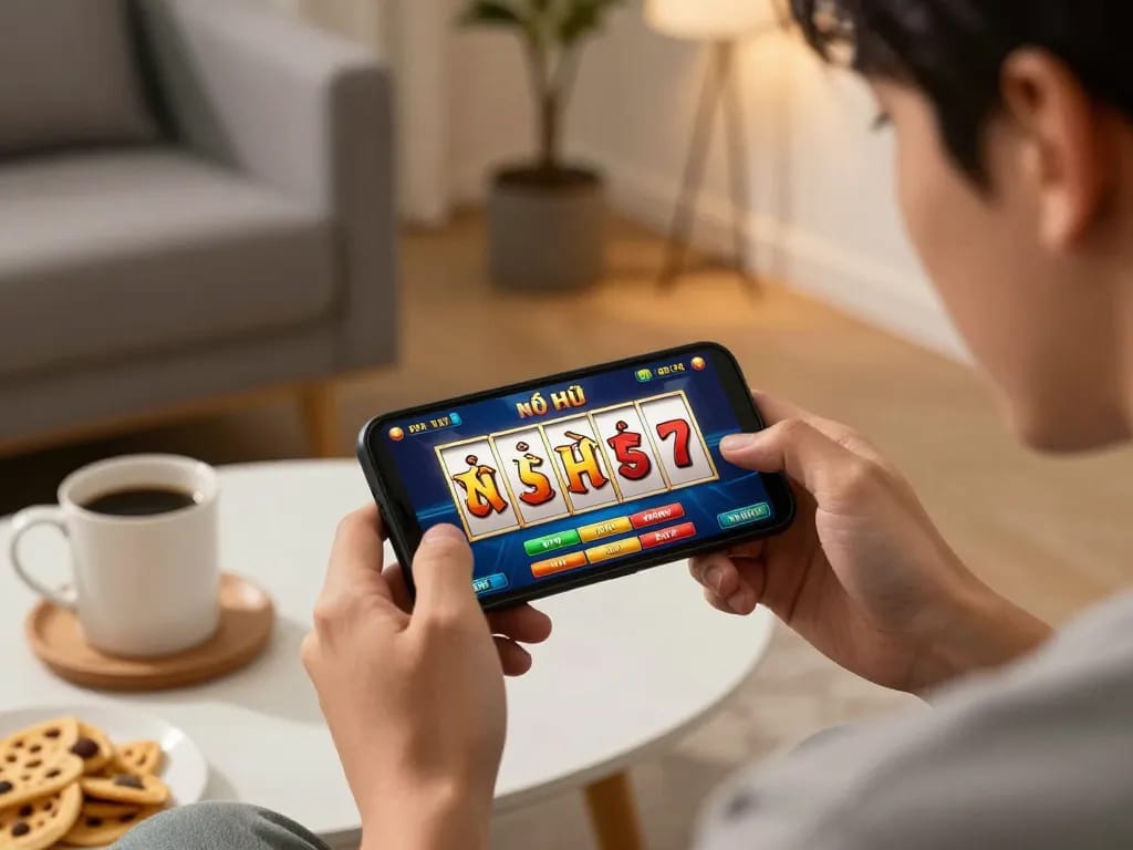 Player engaging in Nổ Hũ game via smartphone at home, highlighting the excitement of online gaming.