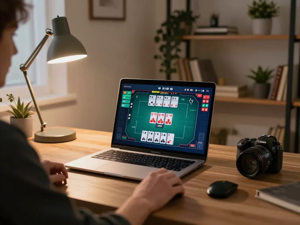 LGO99 Situs Game Online Terpercaya Di INDONESIA showcasing an online poker session in a cozy home office setting