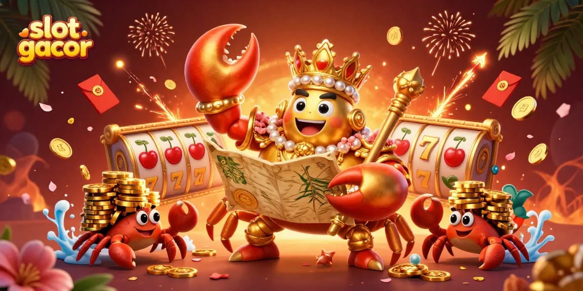 Engage with slot gacor visual action featuring a golden crab emperor amongst vibrant casino elements.