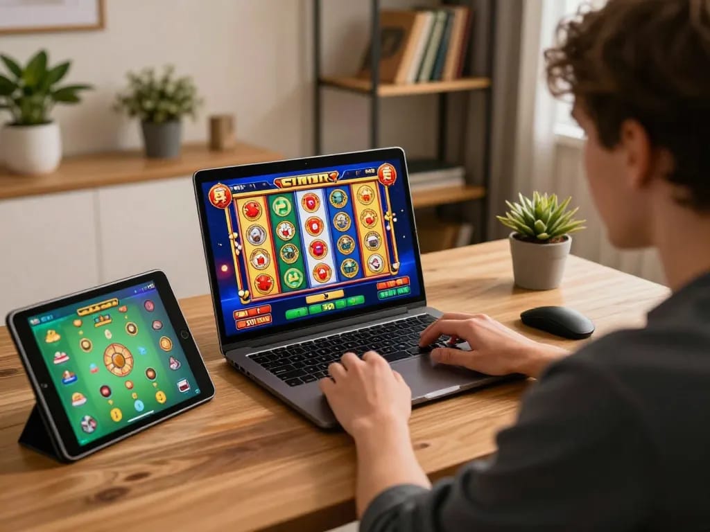 NAGA2000 engaging online gaming scene with a player immersed in slot game strategy