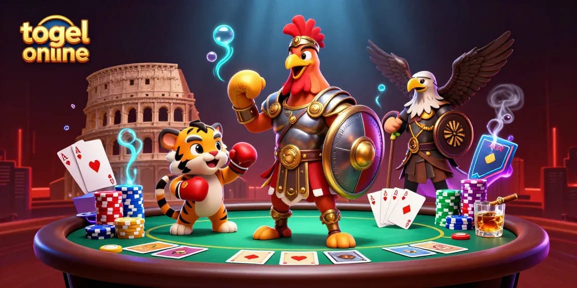 Permainan togel online yang memukau dengan karakter ayam jantan gladiator di arena, menampilkan suasana kasino yang meriah.