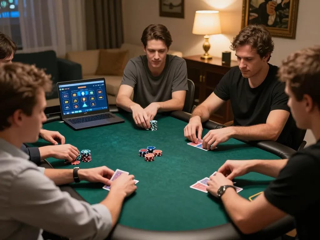 Experience engaging online poker with lc88, players focusing on their strategies and bets in warm home settings.