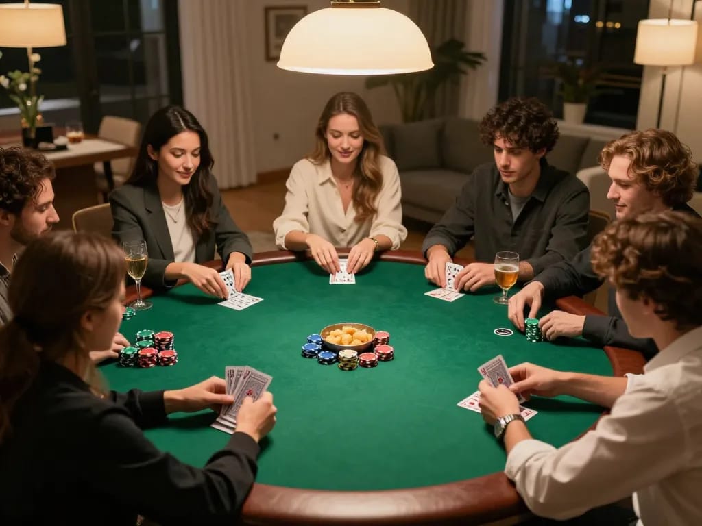 Malam poker Kaisar888 dengan pemain yang terlibat dalam strategi, chip berwarna-warni, dan pencahayaan hangat.