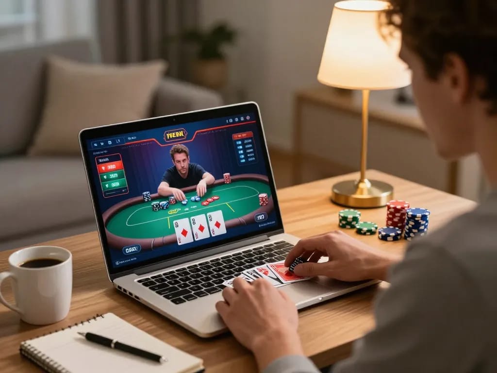 Pemain merencanakan strategi di lingkungan yang nyaman dengan permainan poker online alexis500 ditampilkan di laptop.