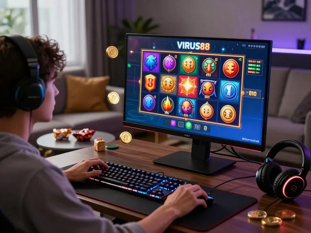 Scene permainan slot online VIRUS88 yang cerah dengan pengguna terlibat dalam pengalaman bermain yang mendebarkan.