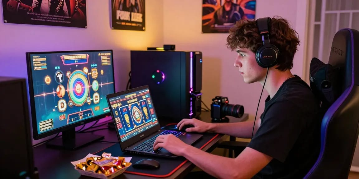 Pemain game memainkan slot gacor di laptop dengan suasana pencahayaan yang cerah dan menarik.