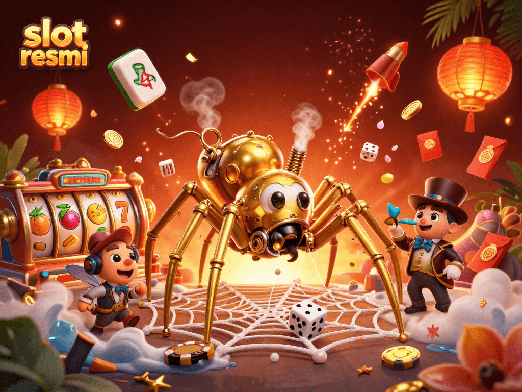 Permainan slot resmi dengan karakter menarik di tengah suasana kasino yang meriah.