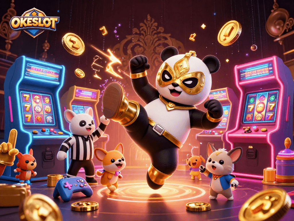 OKESLOT penuh dengan slot dan simbol jackpot yang menarik di ilustrasi kasino animasi.