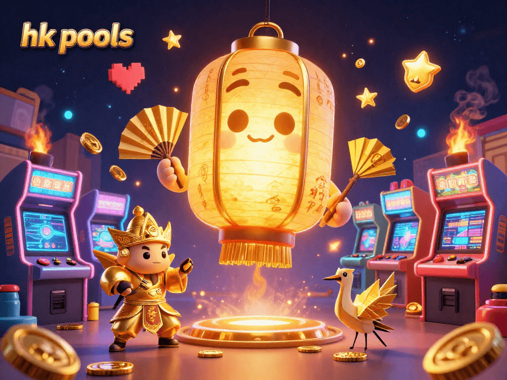 Memenangkan hk pools dengan keberuntungan, karakter kartun dan mesin permainan penuh warna di kasino.