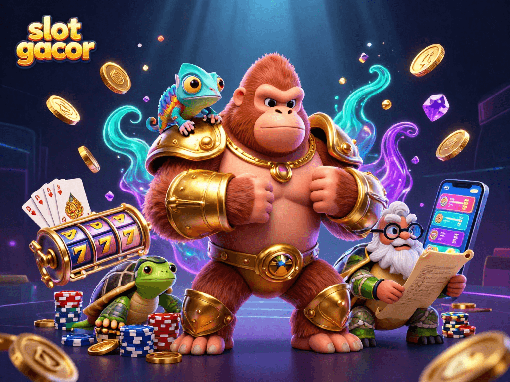 Engage with slot gacor through an energetic scene featuring vibrant characters and casino elements.
