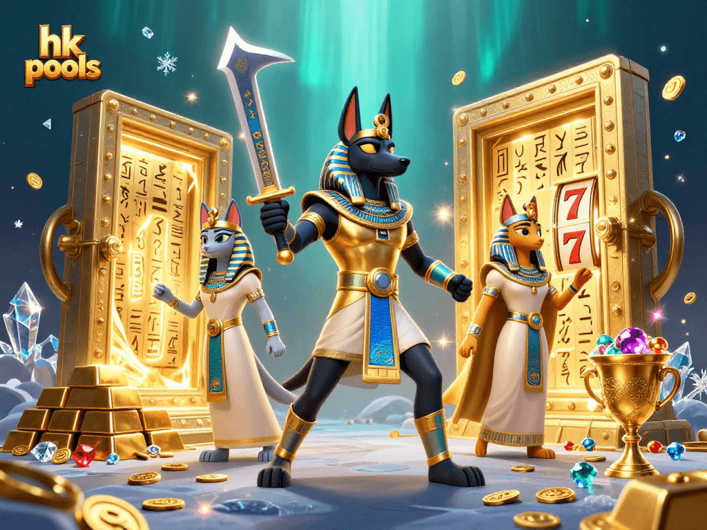 Menggairahkan hk pools dengan Anubis dan Bastet dikelilingi tumpukan emas dan slot bertema kasino.
