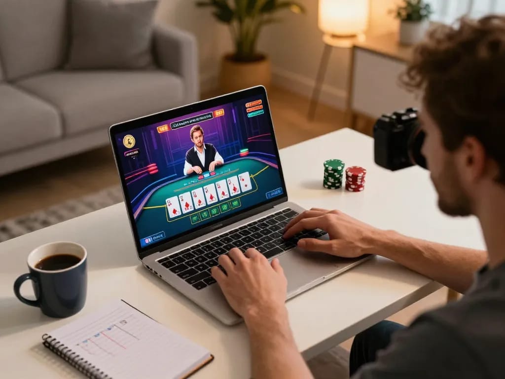 Pemain menikmati permainan blackjack langsung yang mendebarkan di ggdewa777 dengan laptop dan catatan strategi