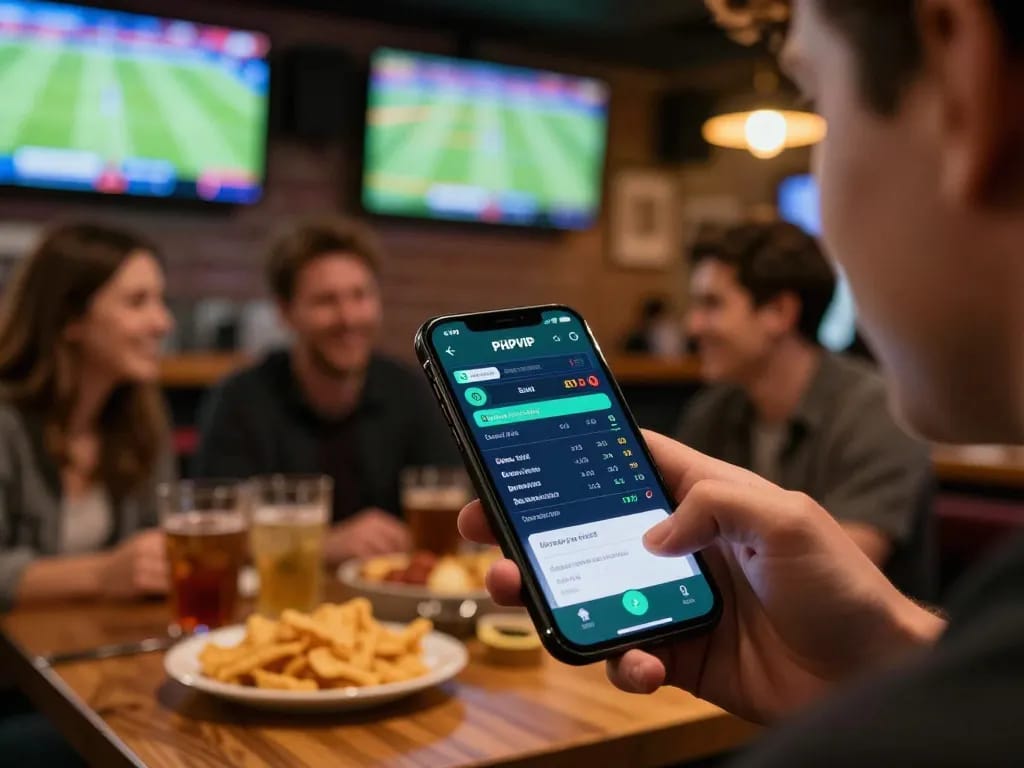 Person checking sports odds on the PHPVIP app at a lively sports bar environment during live game.