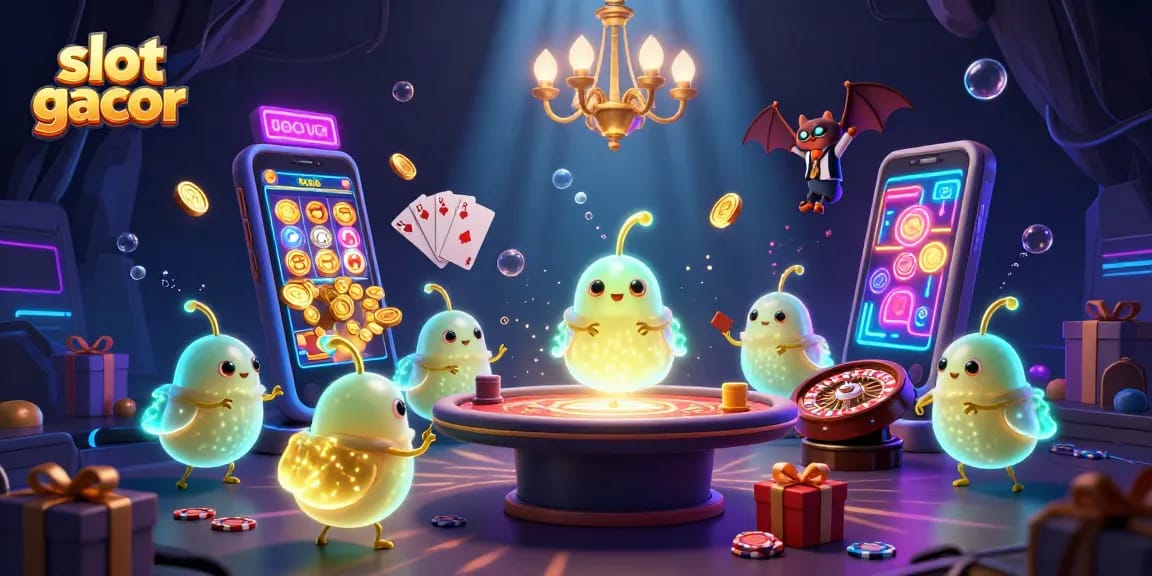 Permainan slot gacor memancarkan keseruan dalam ilustrasi kasino yang dipenuhi cahaya.