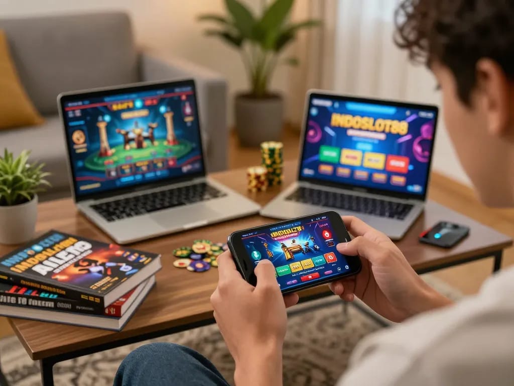 Pemain menggunakan aplikasi INDOSLOT88 di smartphone dalam lingkungan rumah yang nyaman.