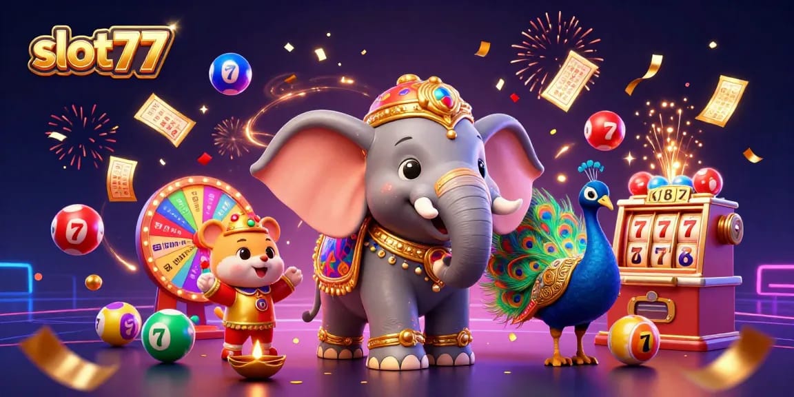 Spin the reels at slot77 with vibrant 3D casino elements, lucky symbols, and jubilant characters.