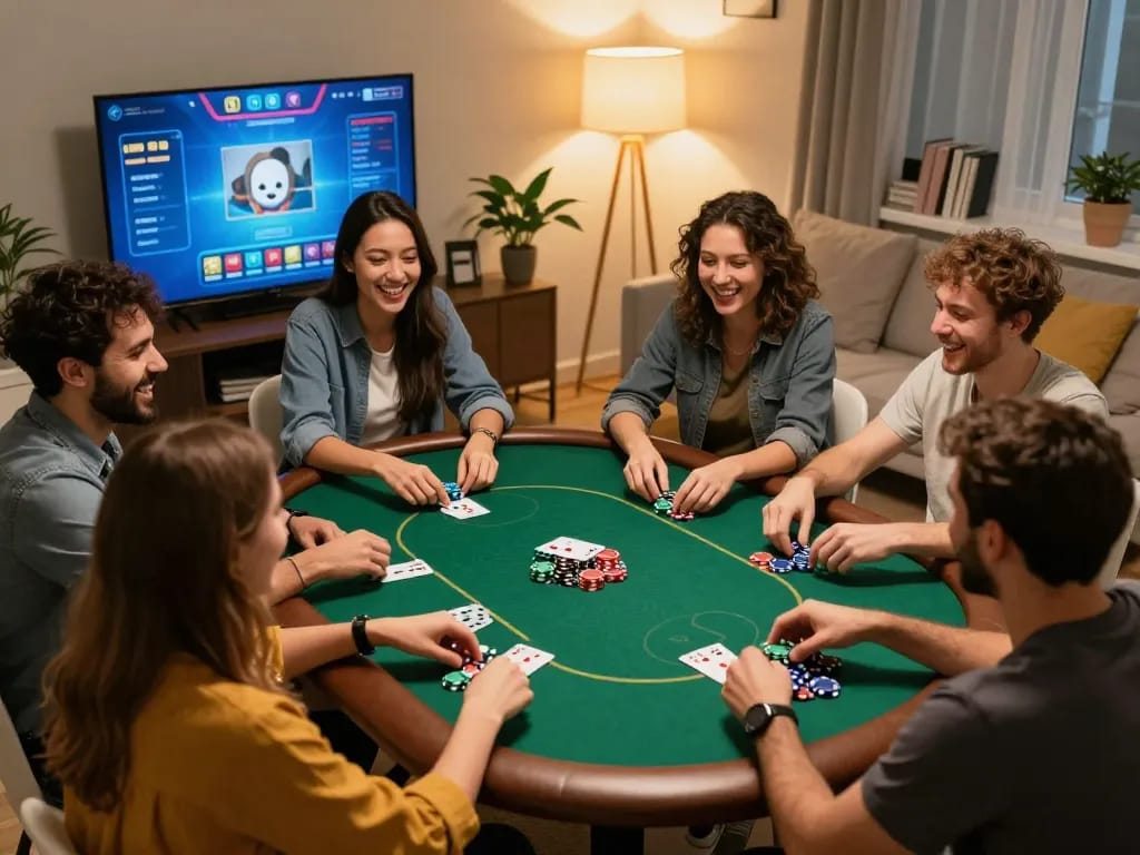 Friends enjoying a thrilling online poker game at home using mantra88 with vibrant atmosphere.