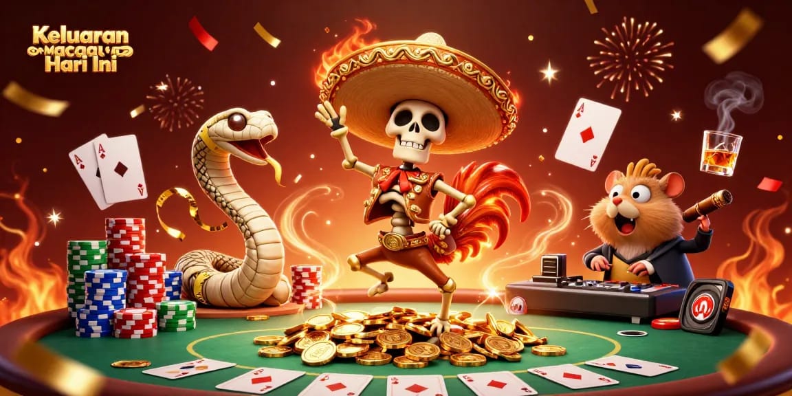 Keluaran Macau Hari Ini showcases a vibrant 3D casino celebration with a skeleton mariachi and wild characters.