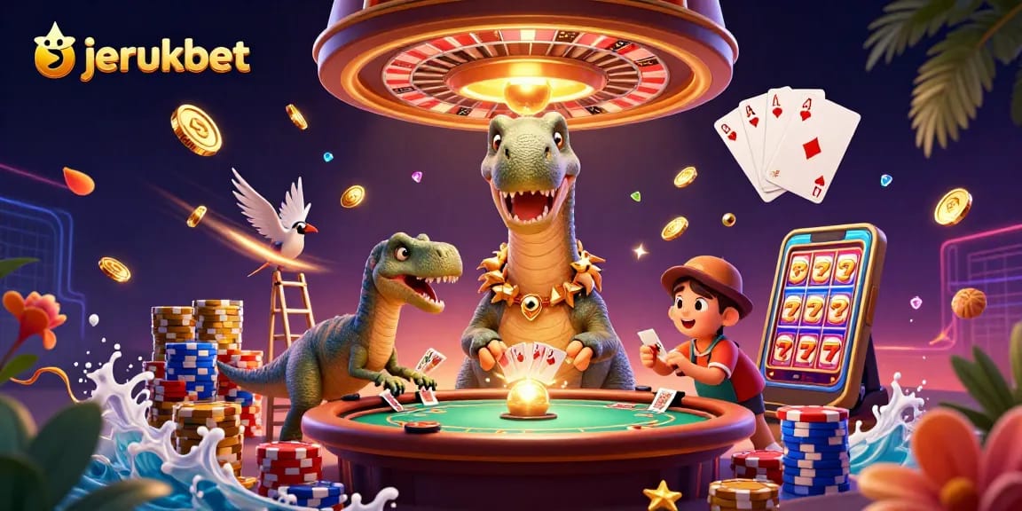 Mainkan jerukbet dengan berbagai elemen kasino yang menarik di ilustrasi 3D yang penuh warna.