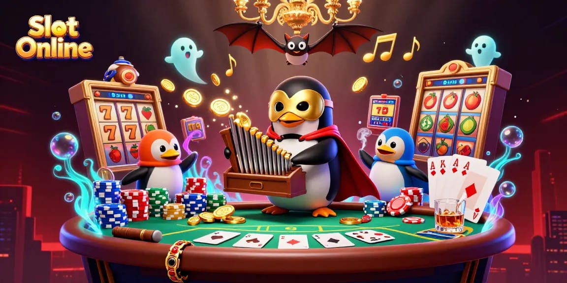 Spin exciting Slot Online games with a vibrant cartoon penguin and casino elements in action.