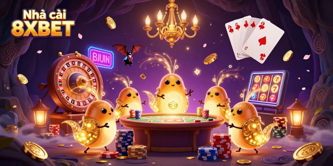 Play and win at Nhà cái 8XBET with vibrant 3D casino illustration filled with glowworms and exciting game elements.