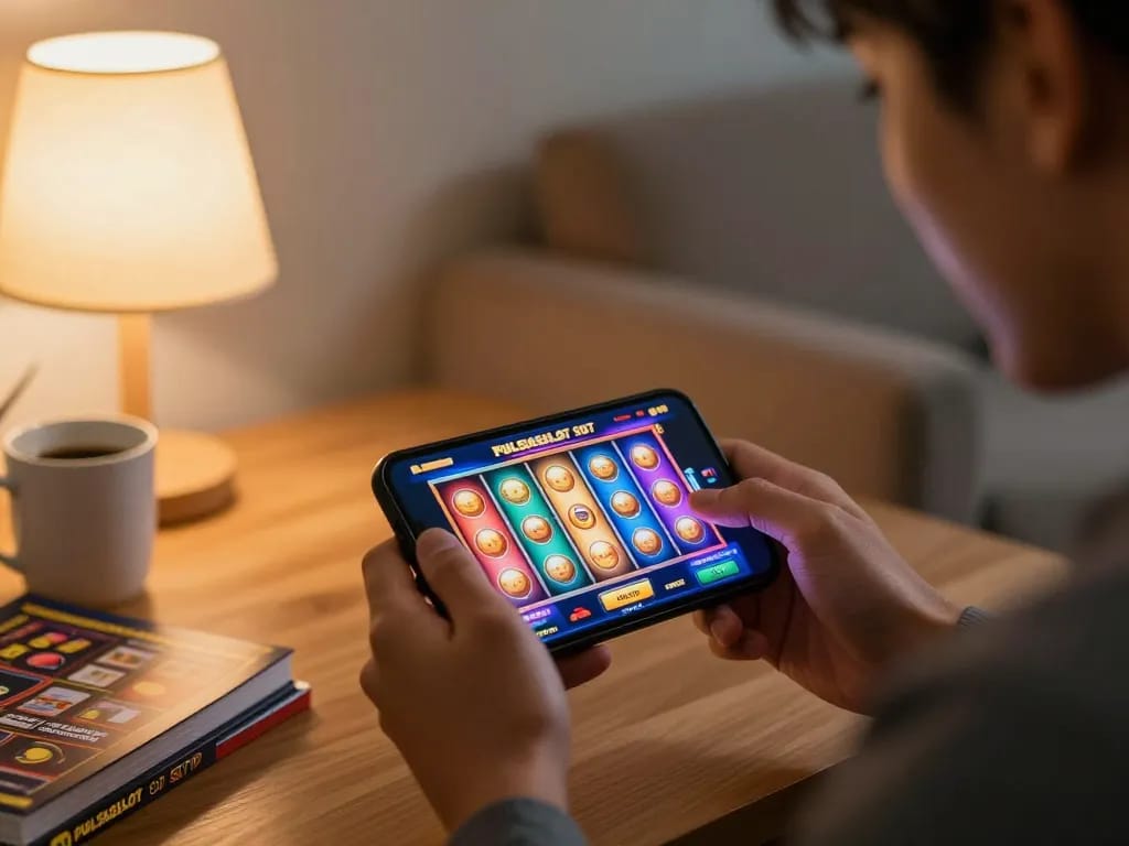 PULSASLOT SLOT ONLINE TERPERCAYA showcases player excitement on mobile slot interface in a cozy setting