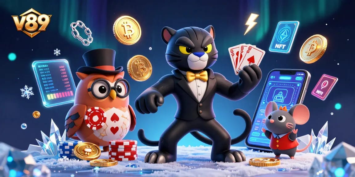 Mainkan slot di V89 dengan karakter menarik seperti panther mengenakan tuxedo dan burung hantu dengan topi.