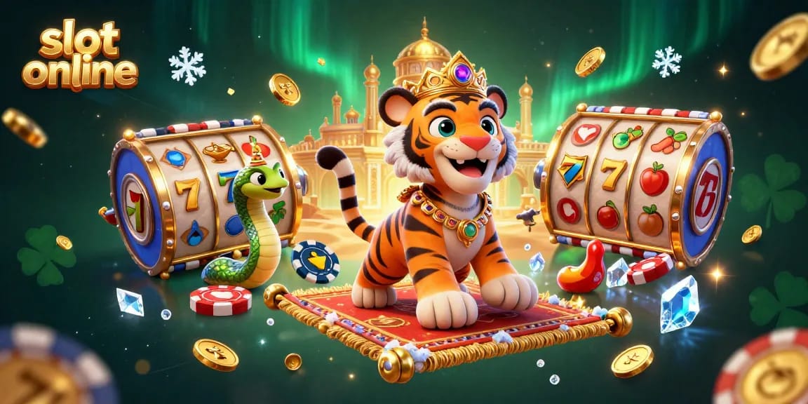 Mainkan slot online dengan karakter sultan di karpet terbang, simbol keberuntungan dan banyak elemen kasino terbang di sekelilingnya.