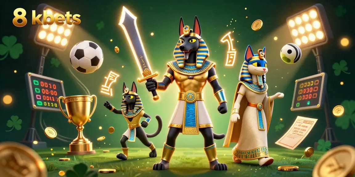 Experience thrilling sports betting action with 8xbets in a vibrant 3D gaming illustration featuring Anubis.