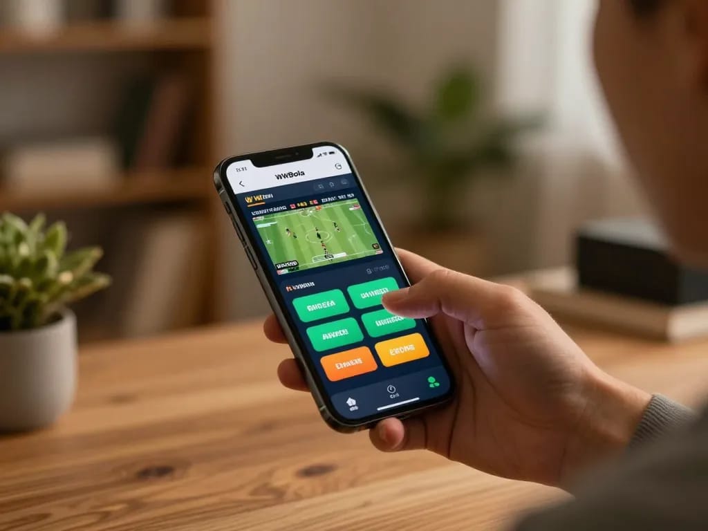 Main WWBola Deposit Qris Tanpa Potongan displayed on a smartphone during an exciting online betting session in a warm home office.