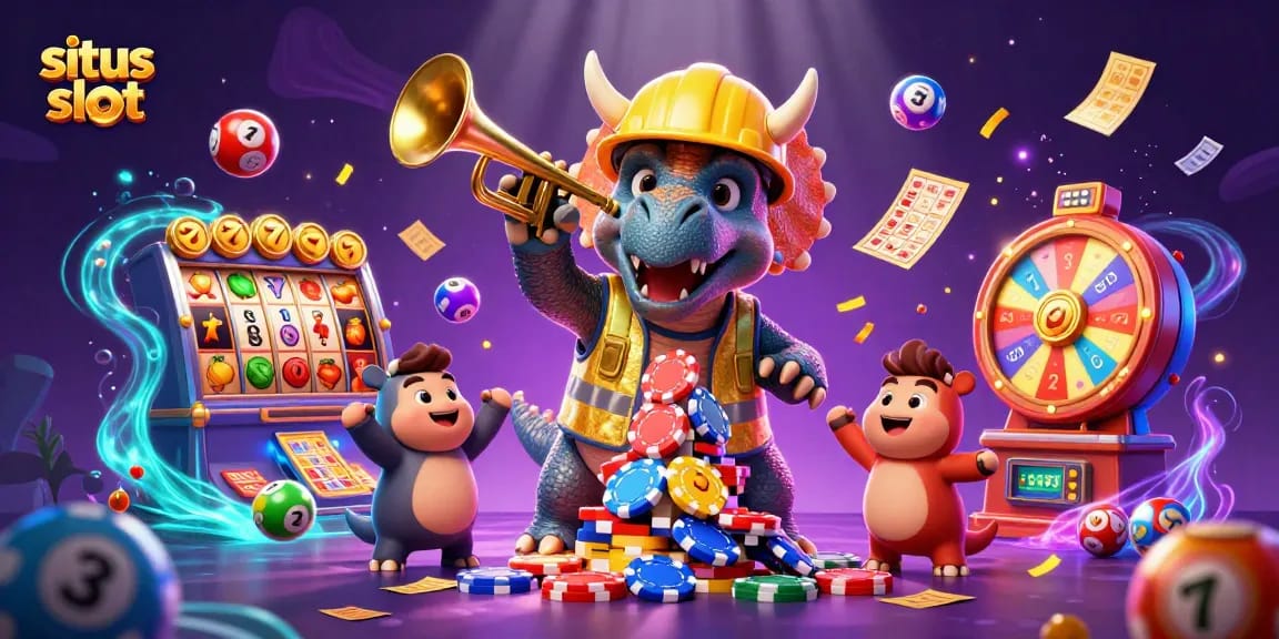 Gamer meraih kemenangan di situs slot dengan triceratops membangun piramida chip dan efek jackpot berkilauan.