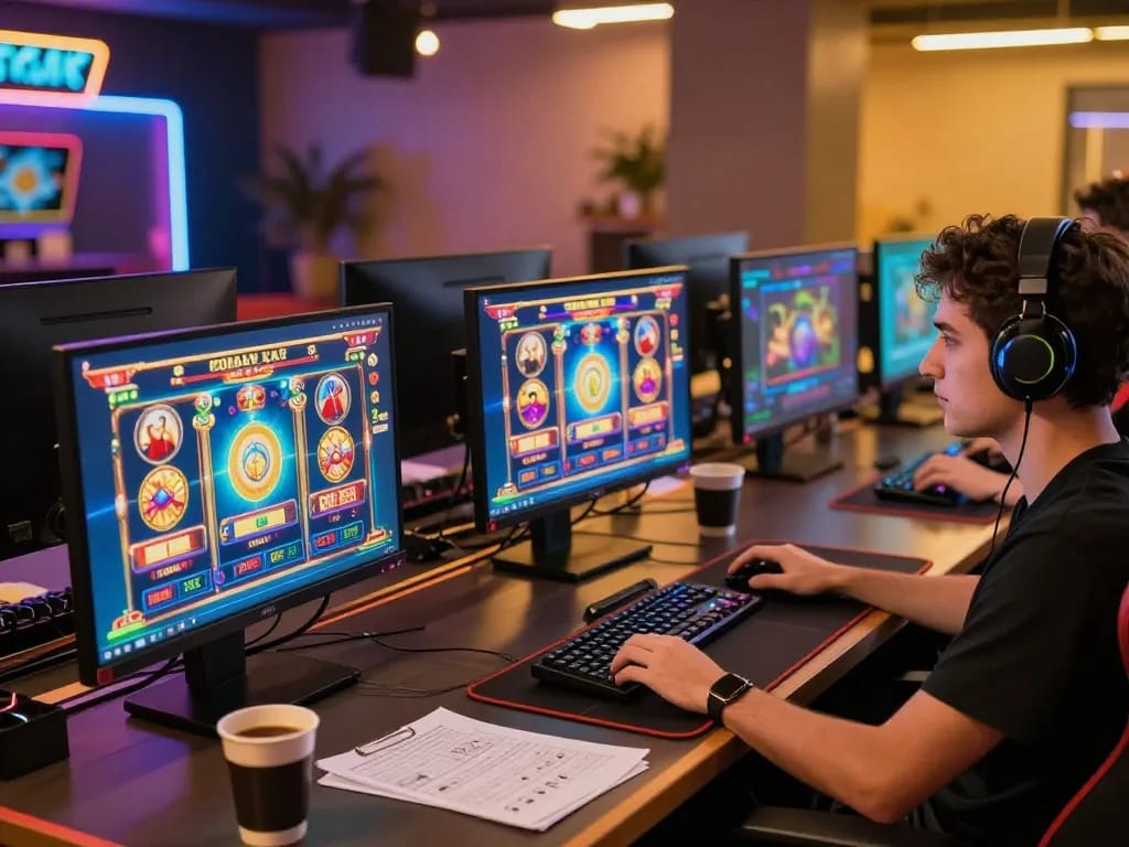 Engaging in online gambling with link slot games displayed on multiple screens in a cozy home office
