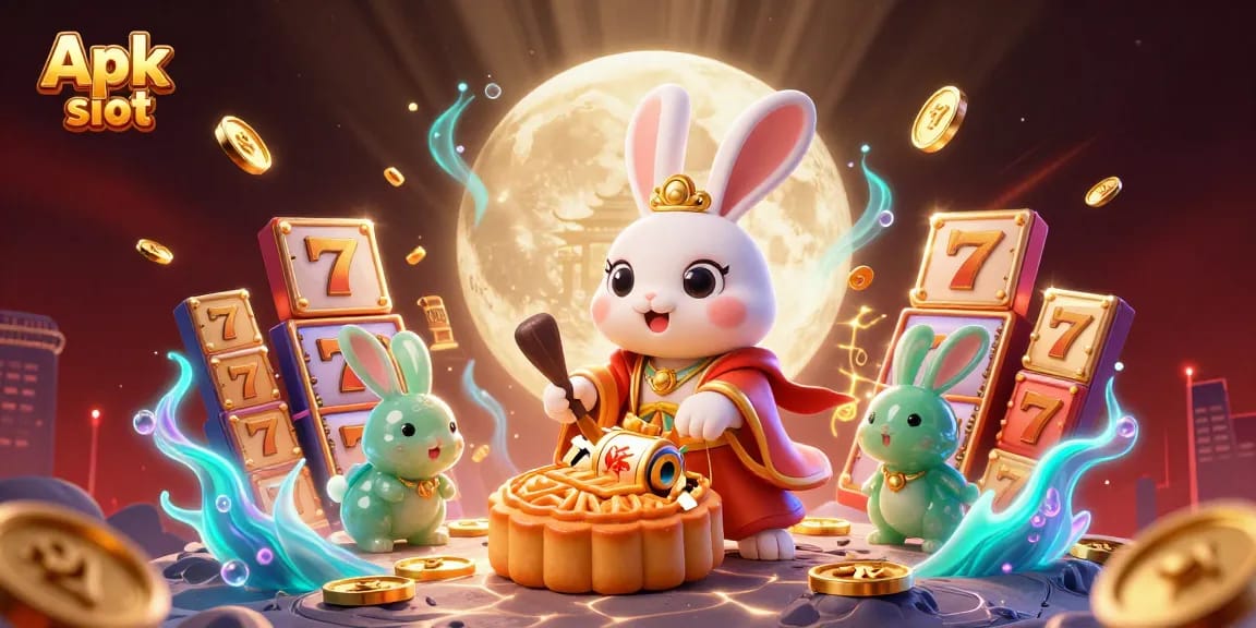 Gambarkan Apk slot yang mengungkapkan simbol slot mesin keberuntungan di bulan.