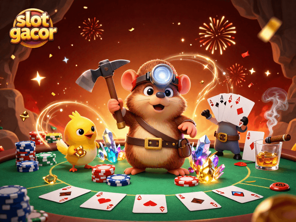 Prediksi angka slot gacor dengan 3D mole penambang dan karakter kasino yang energik.