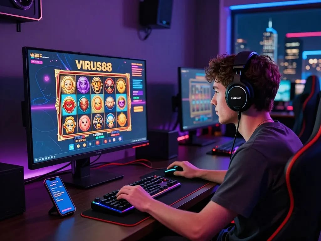 Pemain yang terlibat menikmati permainan slot VIRUS88 di setup permainan modern, menampilkan grafis yang cerah dan suasana permainan yang menarik.