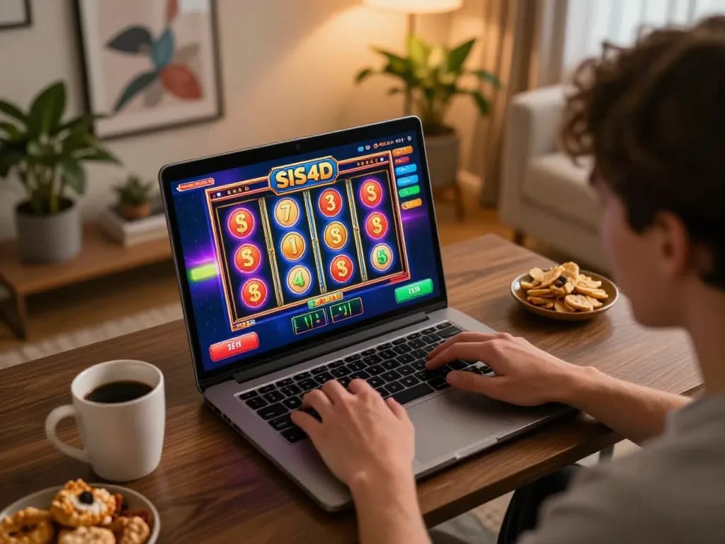 SIS4D gaming interface displayed on laptop during an engaging online casino session in a cozy living room.