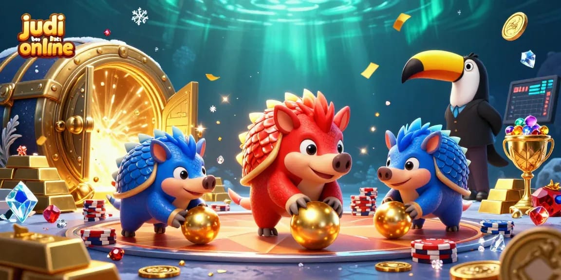 Permainan judi bola online dengan pemangsa pangolin bertanding di atas tumpukan chip poker.