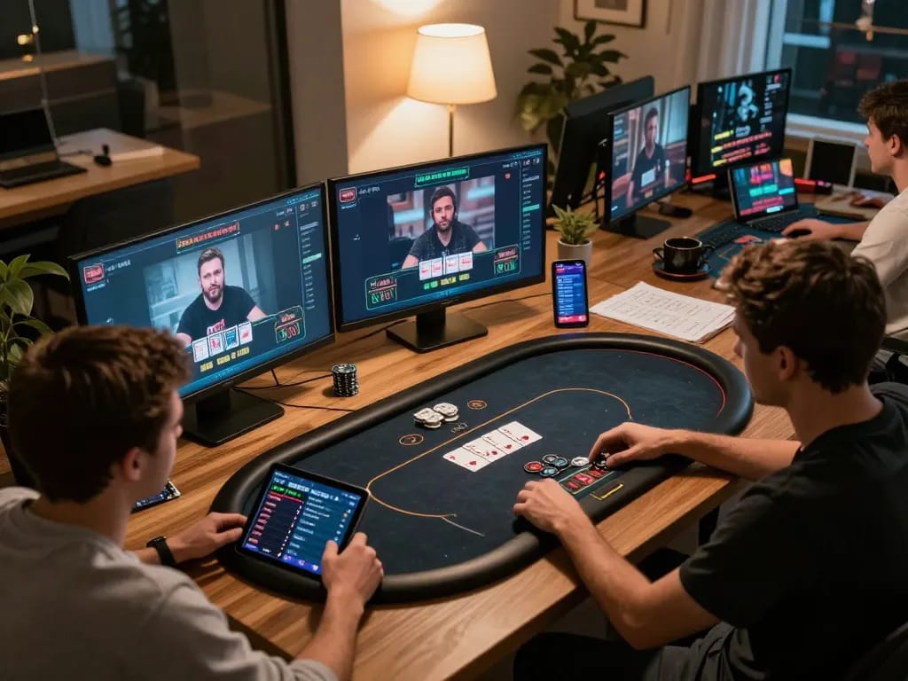 rokok 88 players strategize their poker hands in a modern home gaming setup