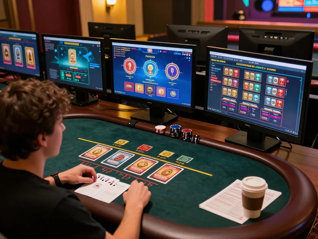 Rasakan login kenzototo dengan pengaturan permainan blackjack online yang menarik, menampilkan grafik yang hidup dan pencahayaan hangat.