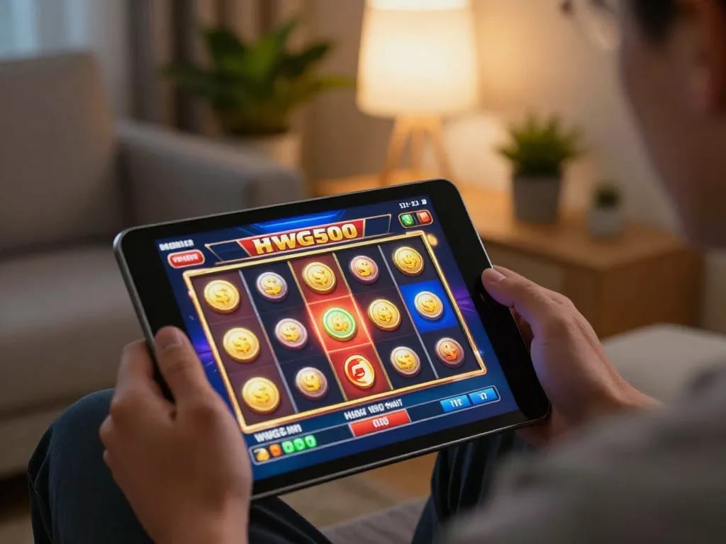 Pemain yang terlibat menikmati slot mobile hwg500, tampilan layar yang menggembirakan dengan gulungan yang cerah.