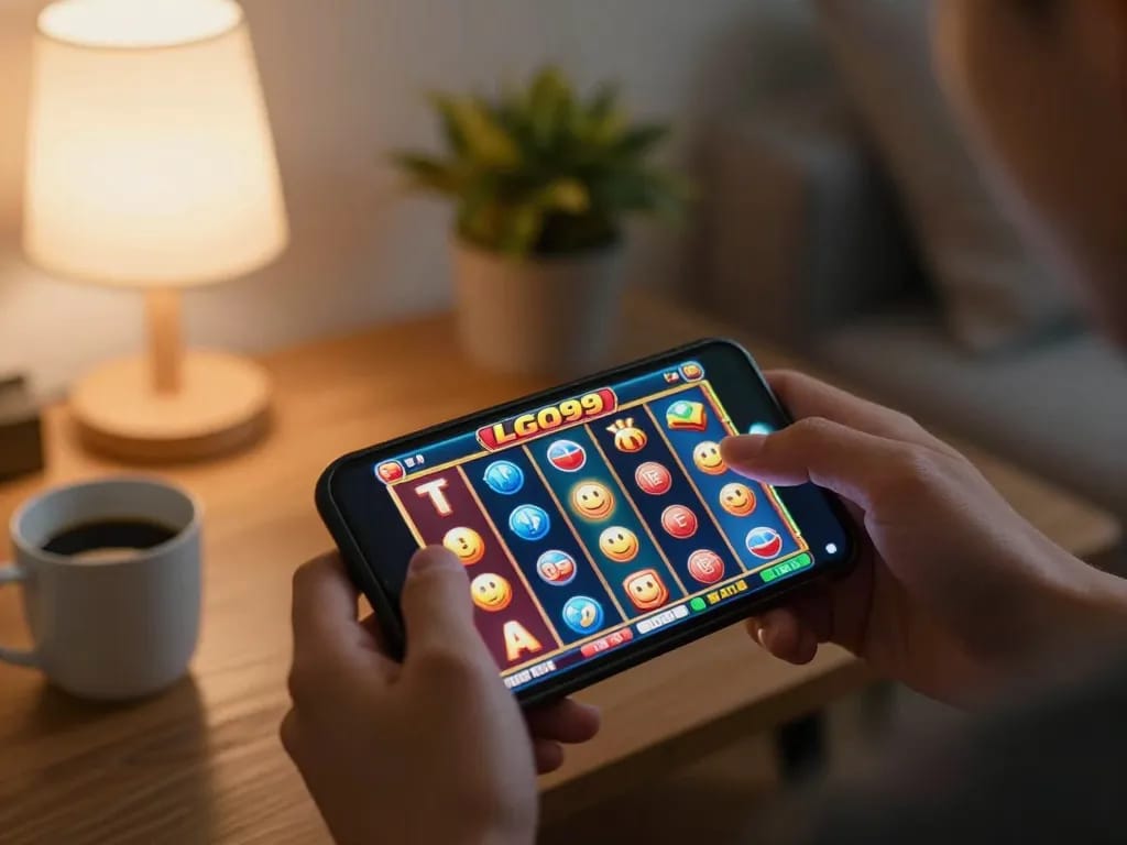 LGO99 Situs Game Online Terpercaya Di INDONESIA suasana mobile gaming dengan seorang pemain menikmati permainan slot