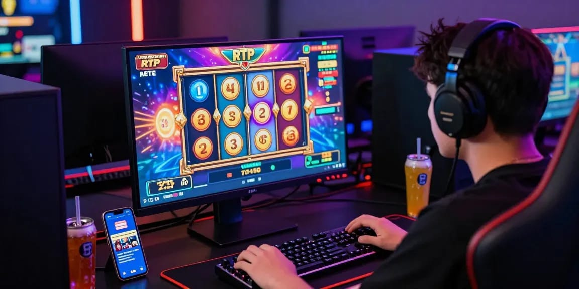 Engaged gamer enjoying an exciting slot game with high RTP indicators in an immersive online gaming environment.