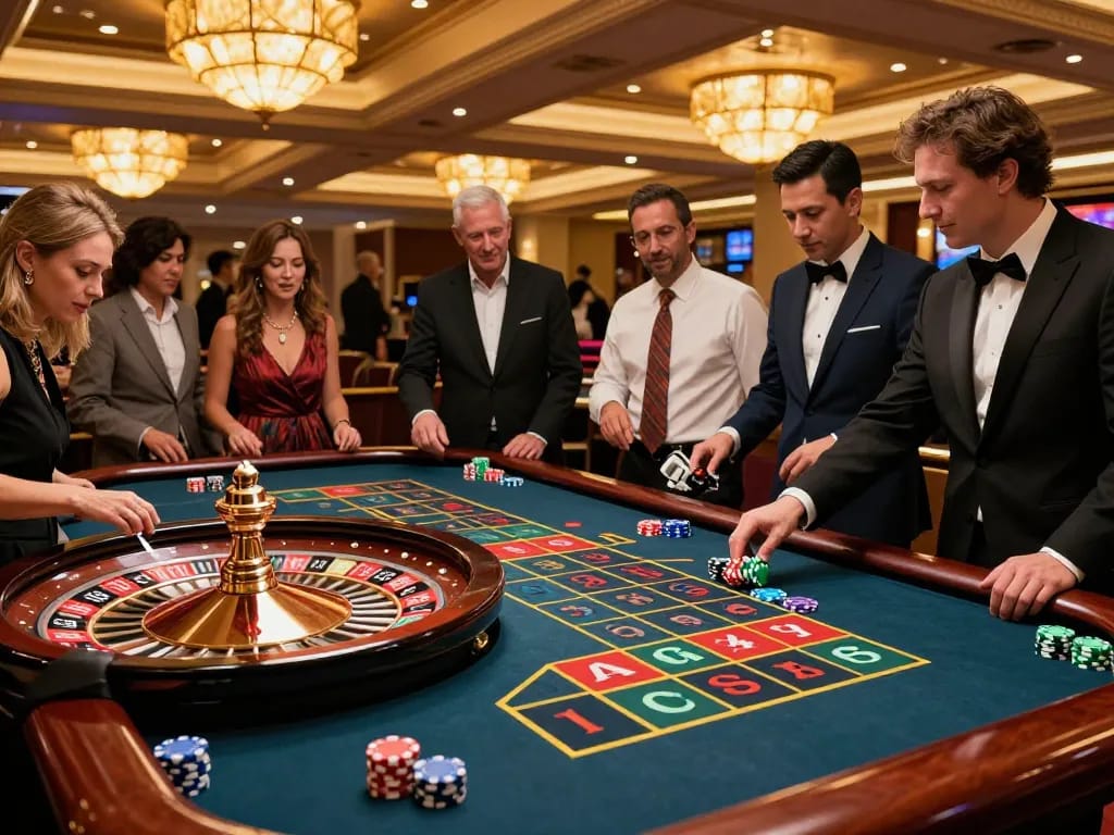 Players placing bets at a roulette table in a vibrant casino scene showcasing SC88 gambling excitement.