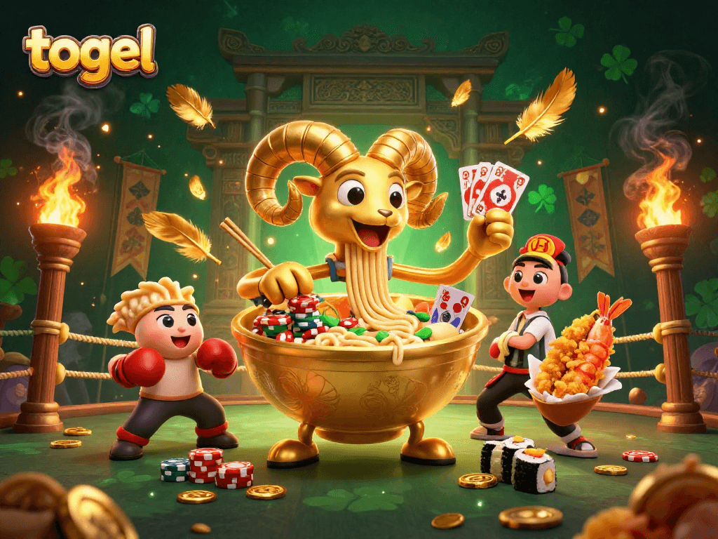 Experience thrilling togel games with a vibrant casino-inspired illustration featuring dynamic characters and gold elements.