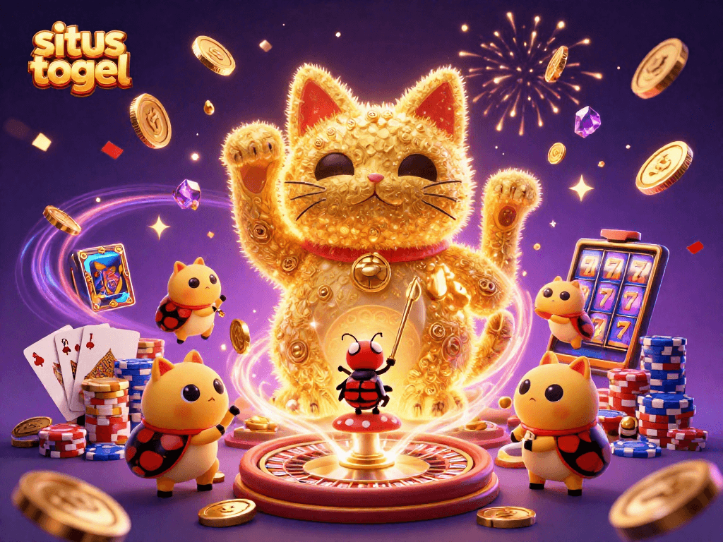 Situs togel merangkum keberuntungan dengan kucing keberuntungan 3D di tengah harta kasino.
