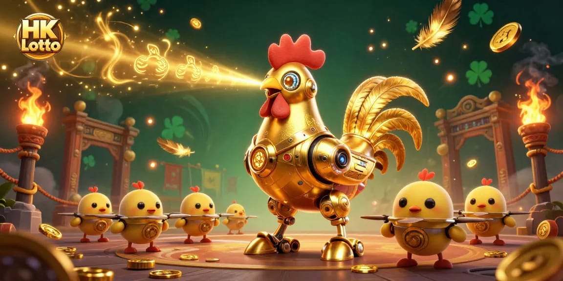 Experience excitement with HK Lotto in a vibrant scene featuring golden rooster robot and baby chick drones.