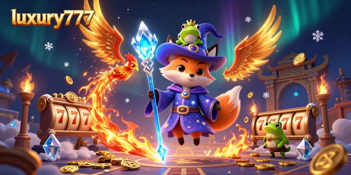 Engage with luxury777 in this vibrant online casino scene filled with mystical characters and dynamic slot elements.