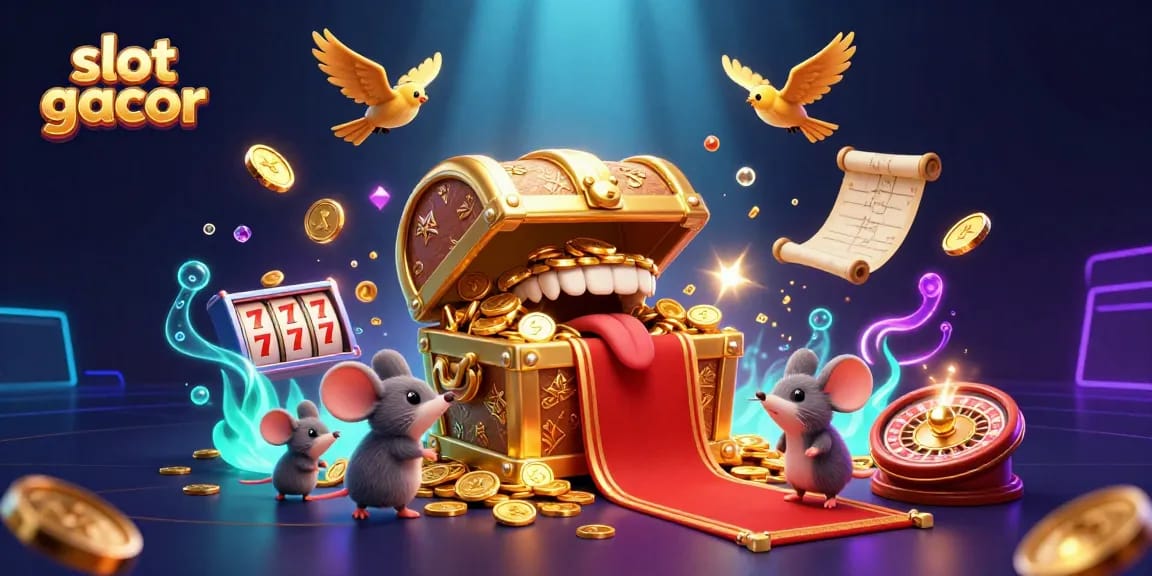 Engage with the slot gacor excitement through a thrilling 3D illustration filled with vibrant casino elements.
